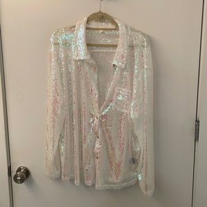 Sheer iridescent, long sleeve button up sequin top